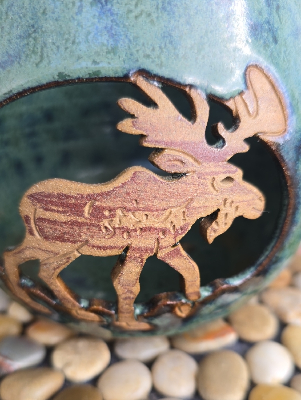 Rustic Green Handmade Glazed Ceramic Votive with Moose Cutout - Picture 5 of 16